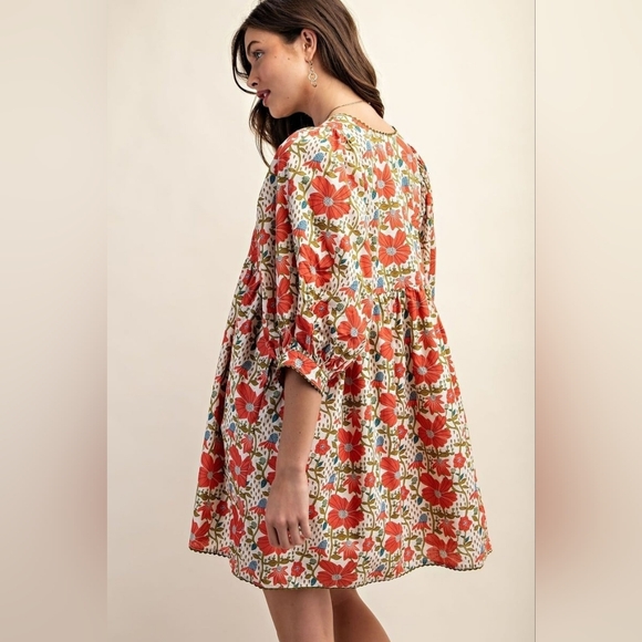 Gigio Poppy Lane Orange Floral V-Neck Dress New Medium Ric Rac Trim NWT - Picture 3 of 11